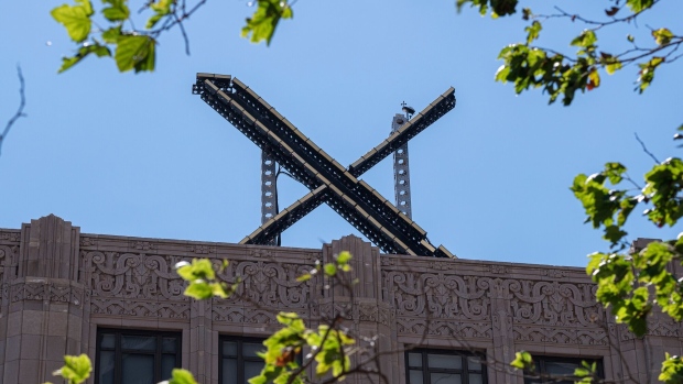 The new Twitter X logo at the company's headquarters in San Francisco, California, US, on Saturday, July 29, 2023. Elon Musk has changed Twitter Inc.'s logo, replacing its signature blue bird with a stylized X as part of the billionaire's vision of transforming the 17-year-old service into an everything app. Photographer: David Paul Morris/Bloomberg