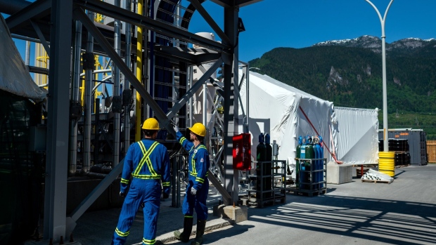 Workers at a carbon capture facility in Squamish, British Columbia.
