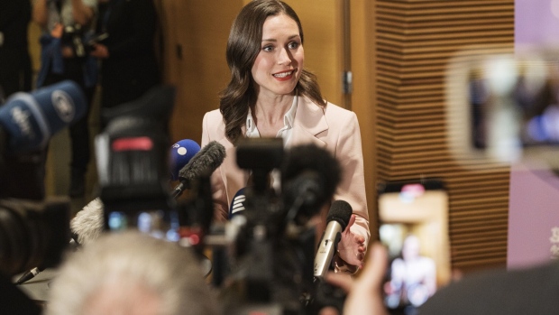 Sanna Marin, leader of the Social Democrats, speaks during a press conference after an early vote tally at the Parliament Building in Helsinki, Finland, on Sunday, April 2, 2023. Prime Minister Marin was on track to lose in the Nordic country's close parliamentary elections to a pro-business opposition group.