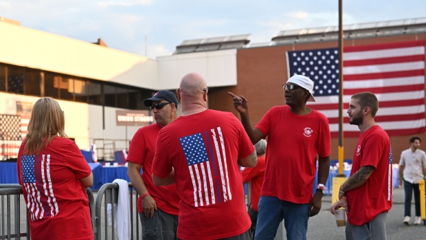PHILADELPHIA, PENNSYLVANIA - SEPTEMBER 4: Union workers wearing t-shirts featuring the American flag gather before U.S. President Joe Biden addresses union workers on September 4, 2023 in Philadelphia, Pennsylvania. The Philadelphia Council AFL-CIO's Tri-State Labor Day Parade kickoff is an annual event. (Photo by Mark Makela/Getty Images)