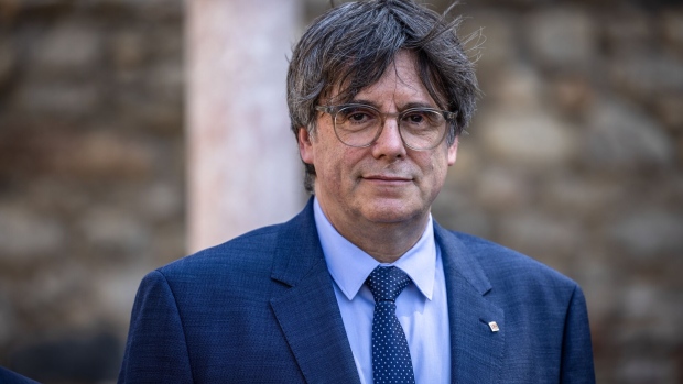 Carles Puigdemont, leader of Together for Catalonia (Junts per Catalunya), arrives at a rally in Codalet, France, on Monday, Aug. 21, 2023. Socialist candidate Francina Armengol's election as speaker of Spain's lower house of parliament was bolstered by backing from Catalan pro-independence group Junts.