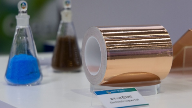 A Korea Zinc Co. electrolytic copper foil, right, displayed at the InterBattery exhibition in Seoul, South Korea, on Thursday, March 17, 2022. The exhibiton will run through March 19.