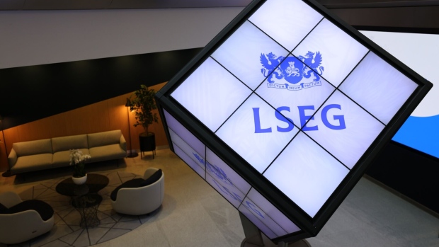 The logo of London Stock Exchange Group Plc in the office atrium in the City of London, UK, on Tuesday, March 14, 2023. European stocks rose, snapping three days of losses, as US inflation cooled as expected last month and concern eased over wider market repercussions from Silicon Valley Bank's collapse. Photographer: Hollie Adams/Bloomberg