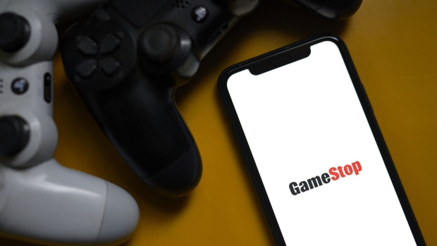 The GameStop logo on a smartphone arranged in New York, US, on Wednesday, Aug. 30, 2023. GameStop Corp. is scheduled to release earnings figures on September 6. Photographer: Gabby Jones/Bloomberg