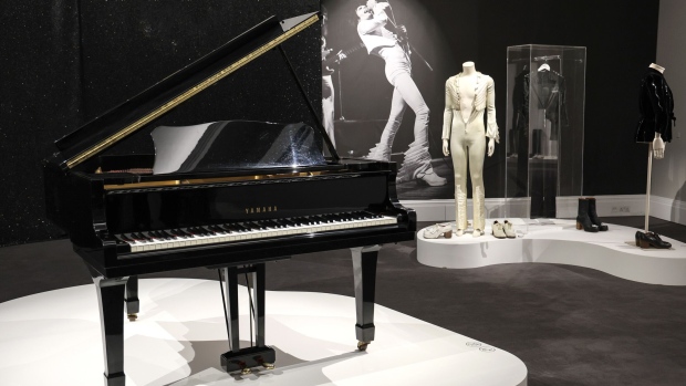 The piano on which Mercury composed Bohemian Rhapsody and many other hits, on display at Sotheby's. Photographer: Tristan Fewings/Getty Images Europe