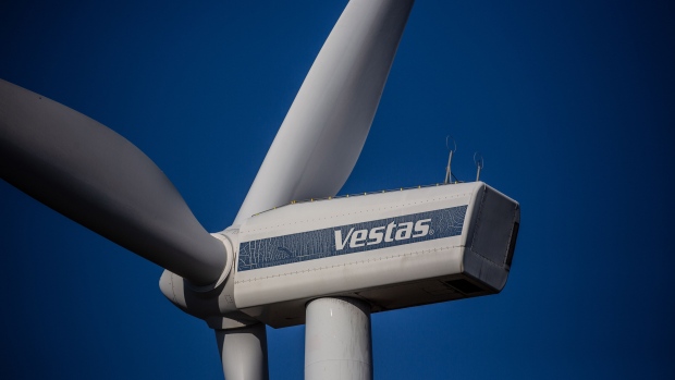 The logo of Vestas Wind Systems A/S on the nacelle of a wind turbine at the Pujalt wind farm, operated by Parque Eolico Pujalt S.L., in the Anoia region of Catalonia, Spain, on Tuesday, Dec. 27, 2022. Spain aims to get almost three-quarters of its electricity from renewables by the end of the decade, up from about 47% last year.