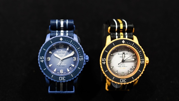 Blancpain X Swatch Scuba Fifty Fathoms watches at a Swatch Group AG store.