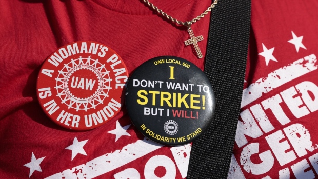 A United Auto Workers supporter during the Labor Day parade in Detroit on Sept. 4, 2023.