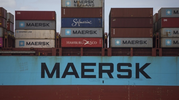 The AP Moller-Maersk A/S signage on a container ship at the Port of Brisbane in Brisbane, Queensland, Australia, on Wednesday, April 19, 2023. Australia's chances of sliding into a recession have declined, according to a Bloomberg survey, as the Reserve Bank's decision to pause an 11-month tightening cycle helps improve the economic outlook.