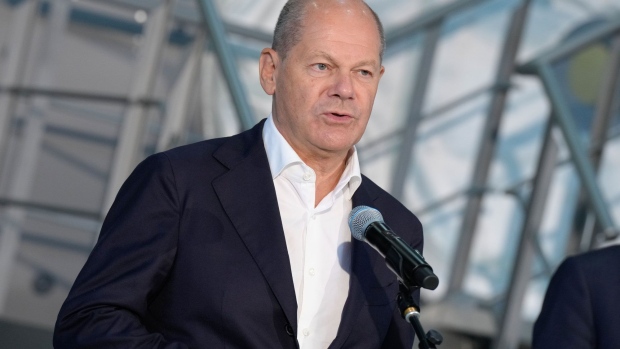 COLOGNE, GERMANY - SEPTEMBER 1: Federal Chancellor Olaf Scholz at the press conference after his visit to the German Aerospace Center (DLR) on September 1, 2023 in Cologne, Germany. Scientists use the MUSC to direct experiments on the International Space Station (ISS). (Photo by Pool/Getty Images)