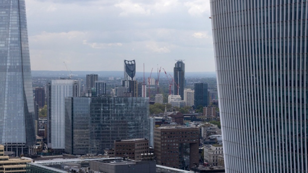 Office and apartment buildings on the city skyline in London, UK, on Wednesday, May 17, 2023. A series of rapid rates hikes has roiled UK commercial property, causing a sharp drop in deal making while investors wait for prices to adjust to the new environment.