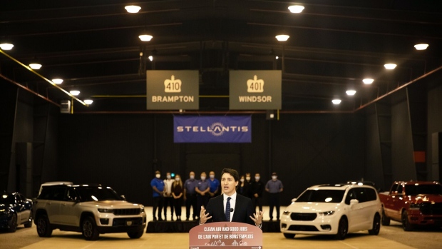 Canadian Prime Minister Justin Trudeau speaks at the Stellantis Automotive Research and Development Centre in Windsor, Ontario, in 2022.