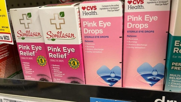 Similasan AG Pink Eye Relief and CVS Health Pink Eye Drops at a CVS store in downtown Boston on Sept. 12, 2023. Source: Ike Swetlitz/Bloomberg