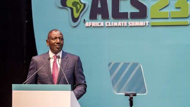 William Ruto, Kenya's president, speaks on the opening day of the Africa Climate Summit (ACS23) at the Kenyatta International Convention Centre (KICC) in Nairobi, Kenya, on Monday, Sept. 4, 2023. Africa will seek to present itself as a solution to the global warming crisis in a declaration to be signed by heads of state on Sept. 6 at the inaugural Africa Climate Summit. Photographer: Fredrik Lerneryd/Bloomberg