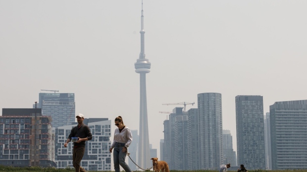 Smoke from wildfires in Toronto on June 7, 2023. Wildfires continue to burn large tracts of forest in Canada, with little sign weather will provide much help to firefighters who are battling the blazes.