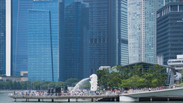 the Singapore Lion Fountain ahead of the presidential election in Singapore, on Thursday, Aug. 31, 2023. Ng Kok Song, Tan Kin Lian and former deputy premier Tharman Shanmugaratnam will compete in the city-state’s first contested presidential election in over a decade.