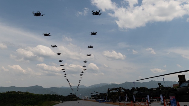 South Korean army drones fly during a joint live-fire exercise with US army at the Seungjin Fire Training Center in Pocheon, South Korea, on Thursday, May 25, 2023. The US and South Korea began their largest-ever live-fire drills near the border with North Korea, which has threatened retaliation against the two nations it labels “war maniacs.”