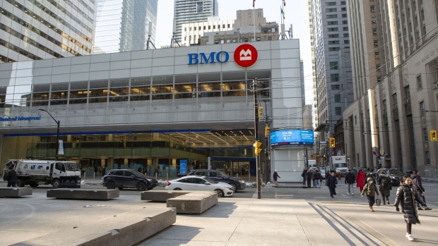 The Bank of Montreal (BMO) headquarters in Toronto, Ontario, Canada, on Wednesday, March 8, 2023. Rising rates are expanding Canadian banks' net interest margin, but a flatter and inverted yield curve limits upside, and a peak may come in 2023. Photographer: Della Rollins/Bloomberg