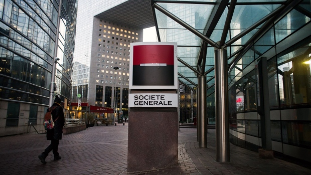 A sign for Societe Generale SA at the bank's headquarters in the La Defense business district of Paris, France, on Monday, Feb. 6, 2023. SocGen is scheduled to announce earnings on Feb. 8. Photographer: Nathan Laine/Bloomberg