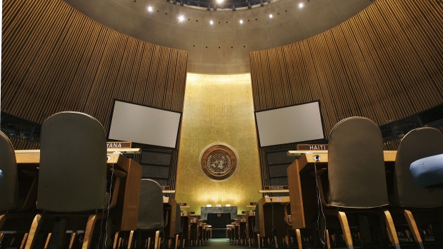 The General Assembly Hall of the United Nations in New York.  Photographer: Chris Hondros/Getty Images