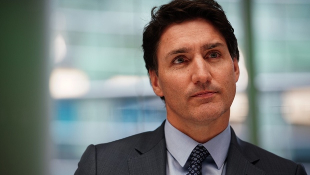 Justin Trudeau, Canada's prime minister, during an interview in New York, US, on Friday, April 28, 2023. Trudeau said the US Inflation Reduction Act has forced Canada to "step up" with public money to lure investment from major firms.