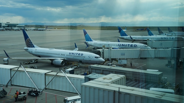 United Airlines aircraft at Denver International Airport (DEN) in Denver, Colorado, US, on Saturday, Aug. 19, 2023. Some $5 trillion of capital investment may be needed to deliver on aviation's goal of reaching carbon neutrality by 2050, almost all of it plowed into sustainable fuel production and renewable power generation, according to McKinsey & Co.