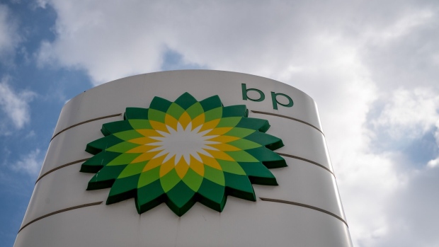 A BP Plc logo on a totem sign at a petrol station forecourt in London, UK, on Monday, Aug. 1, 2022. BP will report earnings tomorrow.