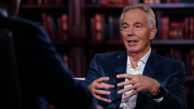 Tony Blair, executive chairman of the Tony Blair Institute for Global Change, during a Bloomberg Television interview in New York, US, on Tuesday, Sept. 19, 2023. Blair discussed AI, Brexit, and cooperation with Europe.