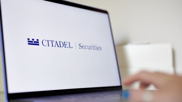 The Citadel Securities LLC logo on a laptop arranged in the Brooklyn borough of New York, US, on Friday, July 28, 2023. Citadel Securities first-half net trading revenue slid 35% from last years volatility-fueled surge as the trading firm founded by Ken Griffin seeks to compete with the big banks. Photographer: Gabby Jones/Bloomberg