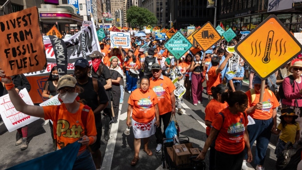 Thousands take to the streets of New York for the ‘March to End Fossil Fuels’ protest on September 17, 2023. (Photo by Spencer Platt/Getty Images)
