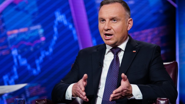 Andrzej Duda, Poland's president, during a Bloomberg Television interview in New York, US, on Tuesday, Sept. 19, 2023. Duda discussed the war in Ukraine and the importance of an alliance with the US.