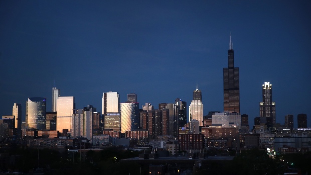 CHICAGO, ILLINOIS - MAY 20: The Willis Tower rises above the downtown skyline as a blackened mass after flooding caused by recent heavy rains knocked out power to the building Monday on May 20, 2020 in Chicago, Illinois. The Willis Tower, constructed as the Sears Tower, was once the world's tallest building. (Photo by Scott Olson/Getty Images)