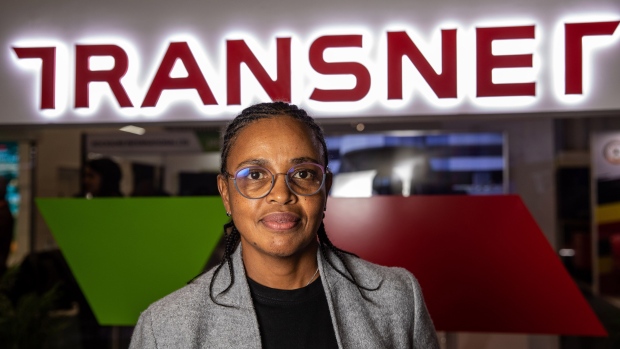 Portia Derby, chief executive officer of Transnet SOC Ltd., at the company's booth on the opening day of the Investing in African Mining Indaba in Cape Town, South Africa, on Monday, Feb. 6, 2023. South Africa’s state-owned logistics company Transnet plans to shrink the 20,000-kilometer (12,427-mile) freight rail network it operates by at least 35% as it focuses on delivering more profitable cargo loads.
