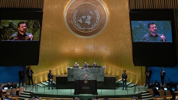 Volodymyr Zelenskiy during the United Nations General Assembly in New York on Sept. 19.