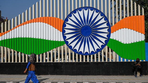 A sculpture of Indian flag motifs in New Delhi, India, on Thursday, March 2, 2023. Russia’s war in Ukraine is expected to dominate discussions at the Group of 20 foreign ministers’ meeting started on Wednesday in New Delhi as the conflict enters its second year. Photographer: Prakash Singh/Bloomberg