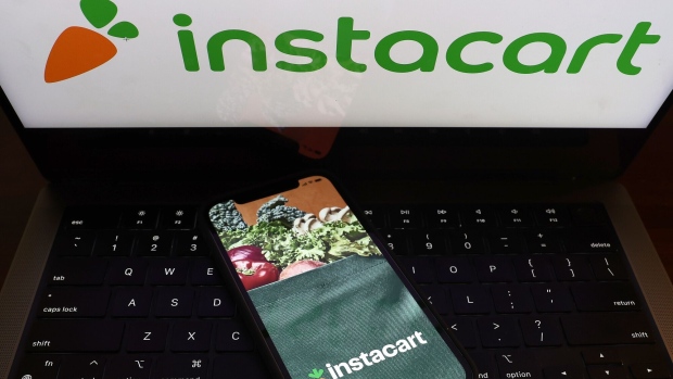 SAN ANSELMO, CALIFORNIA - AUGUST 28: In this photo illustration, the Instacart logo is displayed on a computer monitor on August 28, 2023 in San Anselmo, California. Grocery delivery company Instacart filed for its initial public offering on Friday with hopes to start trading on the Nasdaq by next month. (Photo Illustration by Justin Sullivan/Getty Images) Photographer: Justin Sullivan/Getty Images North America