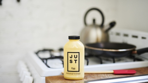 A bottle of Just Inc. Egg plant-based scramble is arranged for a photograph in the Brooklyn borough of New York, U.S., on Monday, May 6, 2019. Just currently allocates 25 percent of its staffing, resources and budget to colleges and universities, and its products are served at more than 60 schools, a figure it expects to double in the fall.
