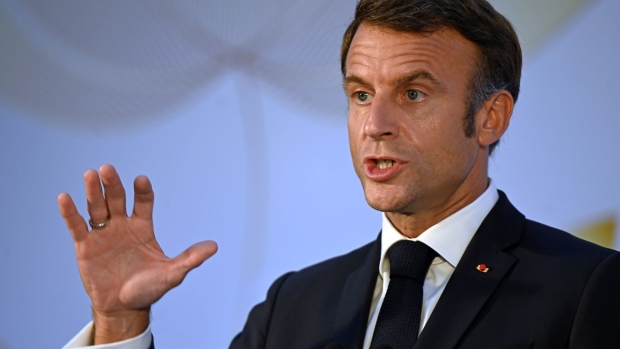 Emmanuel Macron, France's president, during a news conference on the sidelines of the Group of 20 (G-20) Leaders Summit in New Delhi, India, on Sunday, Sept. 10, 2023. The Group of 20 isn’t the right place to seek diplomatic progress on ending Russia’s war in Ukraine, Macron said after Kyiv voiced frustration at the summit’s final communique this weekend.