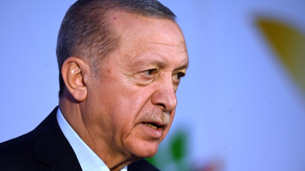 Recep Tayyip Erdogan, Turkey's president, during a news conference on the sidelines of the Group of 20 (G-20) Leaders Summit in New Delhi, India, on Sunday, Sept. 10, 2023. Erdogan is urging several Group of 20 leaders to meet some of Russia’s demands to try to revive a deal that had allowed Ukrainian grain shipments and eased global food prices.