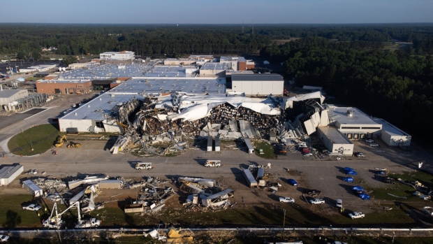 A Pfizer pharmaceutical factory after a tornado damaged the facility.