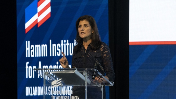 Nikki Haley, former ambassador to the United Nations and 2024 Republican presidential candidate, speaks during the American Energy Security Summit in Oklahoma City, Oklahoma, US, on Monday, Sept. 25, 2023. The summit convenes leaders on energy security, policy and innovation to discuss the most important energy issues of our day and their impact on the economy and national security. Photographer: Nick Oxford/Bloomberg