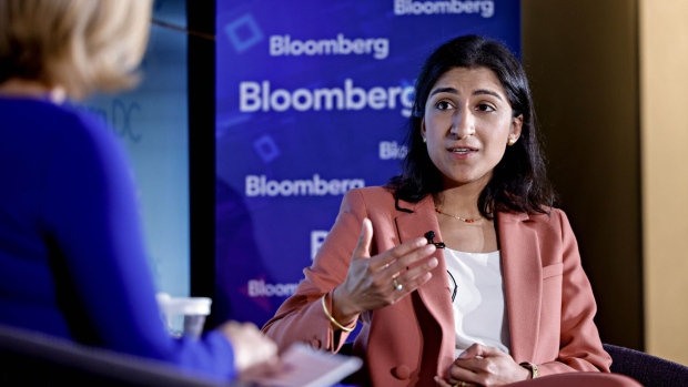 Lina Khan, chair of the Federal Trade Commission (FTC), during a Bloomberg News interview in Washington, DC, US, on Tuesday, Sept 26, 2023. The FTC today sued Amazon.com Inc. in a long-anticipated antitrust case, accusing the e-commerce giant of monopolizing online marketplace services by degrading quality for shoppers and overcharging sellers.