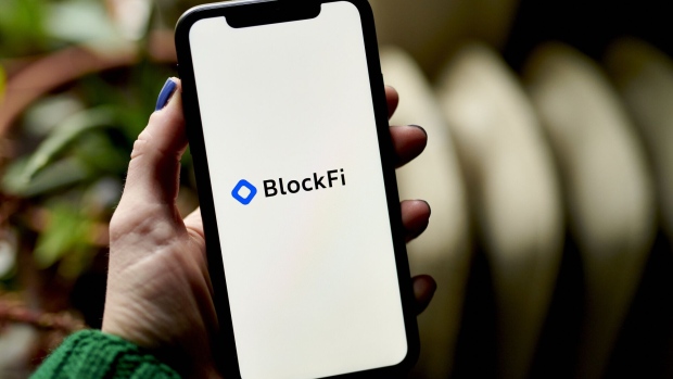 The BlockFi logo on a smartphone arranged in the Brooklyn borough of New York, US, on Thursday, Nov. 17, 2022. Cryptocurrency lender BlockFi Inc. is preparing to file for bankruptcy within days, according to people with knowledge of the matter who asked not to be named because discussions are private.