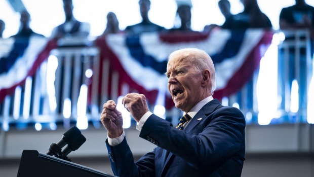 US President Joe Biden speaks during an event on Bidenomics at Prince George's Community College in Largo, Maryland, US, on Thursday, Sept. 14, 2023. Biden lambasted House Republicans for their economic agenda, which he labeled "Maganomics," seeking to link them to the policies of his predecessor, Donald Trump, in the midst of a spending fight that threatens to shut down the federal government. Photographer: Al Drago/Bloomberg