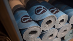 Yoga mats sit on display at the Lululemon Athletica Inc. sports apparel store on Regent Street in London, U.K., on Thursday, July 27, 2017. Lululemon is trying to attract more male customers and expand its presence overseas while competitors increase their reliance on discounts.