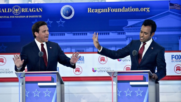 Ron DeSantis and Vivek Ramaswamy during the Republican primary presidential debate on Sept. 27. Photographer: Eric Thayer/Bloomberg