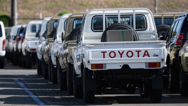 Toyota Motor Corp. Land Cruiser pickup trucks bound for shipment at the Nagoya Port, in Tokai, Aichi Prefecture, Japan, on Sunday, June 12, 2022. Toyota will hold its annual shareholders' meeting on June 15.