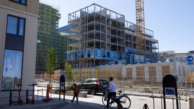 New residential apartment blocks under construction in the Hagastaden district of Stockholm, Sweden, on Monday, June 12, 2023. Swedish households are becoming more optimistic about the development in the housing market, according to a survey from the country’s largest bank.