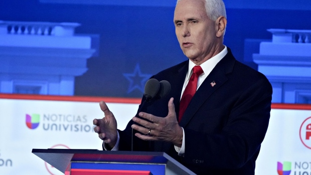 Former Vice President Mike Pence during the Republican primary presidential debate hosted by Fox Business Network in Simi Valley, California, US, on Wednesday, Sept. 27, 2023.