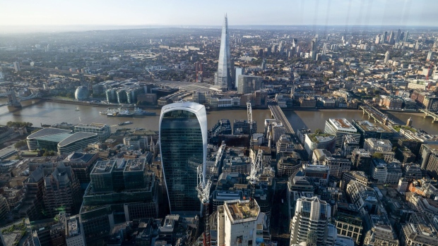The 20 Fenchurch Street skyscraper, also known as the "Walkie-Talkie, left centre, and the Shard skyscrapers from the Horizon 22 public viewing gallery in the 22 Bishopsgate skyscraper in the City of London, UK, on Thursday, Sept. 14, 2023. The gallery, in the city's tallest skyscraper, will open to the public on Wednesday, Sept. 27. Photographer: Chris Ratcliffe/Bloomberg